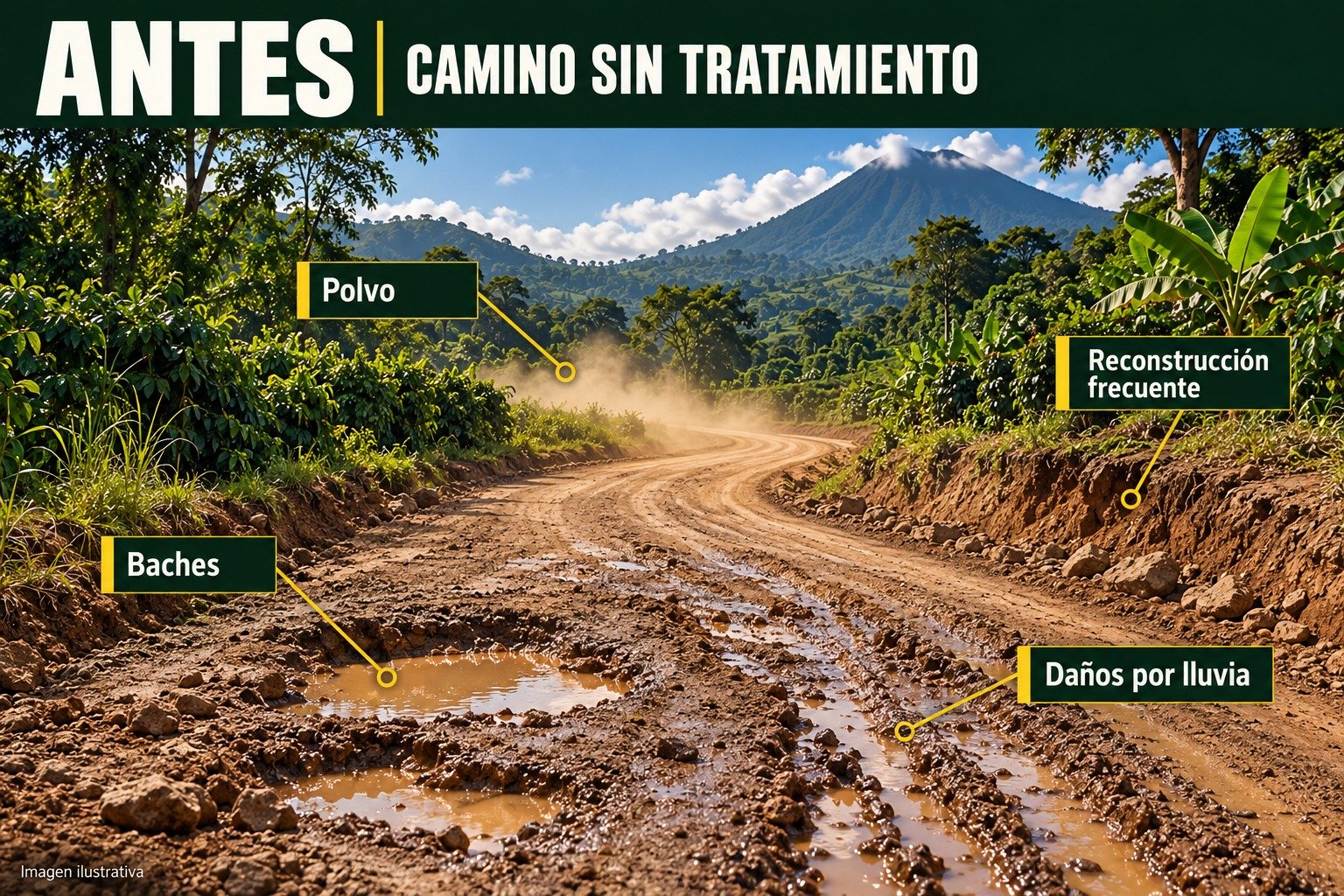Antes: ilustración de un camino sin tratamiento, con polvo, baches, daños por lluvia y reconstrucción frecuente.
