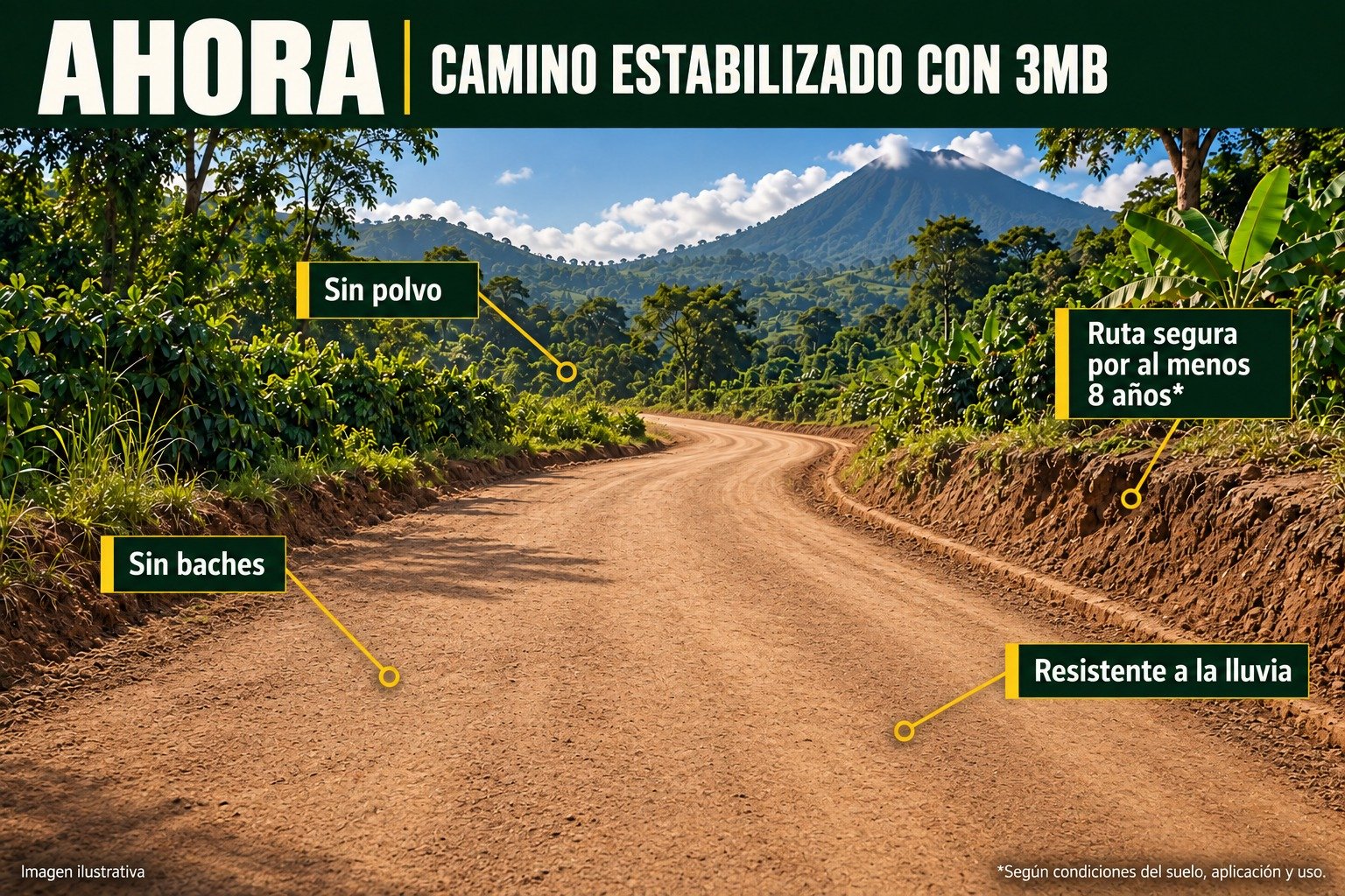 Después: ilustración de un camino estabilizado con 3MB, sin polvo ni baches y resistente a la lluvia. Duración sujeta a las condiciones del suelo, aplicación y uso.